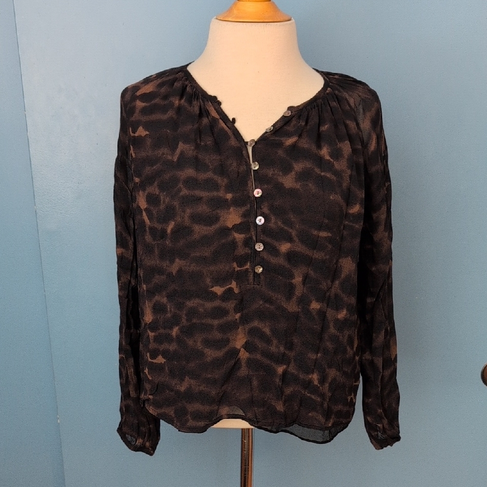 Rails Indi Umber Leopard Black and Brown Animal Print Long-Sleeve Peasant Blouse